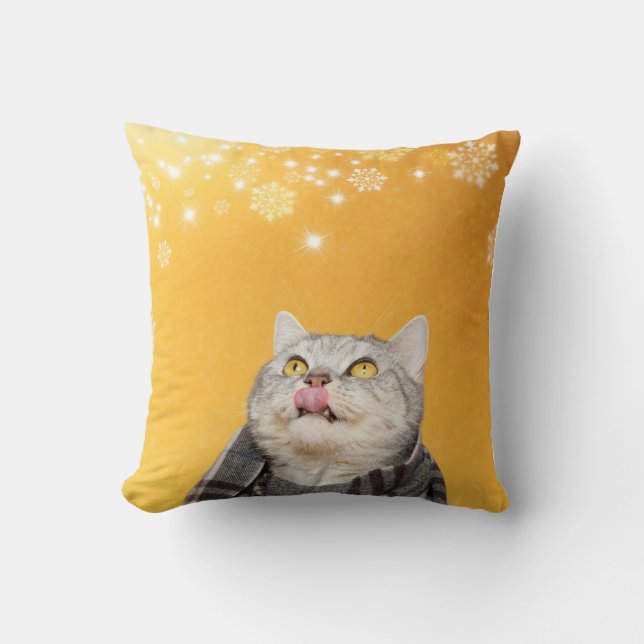 Cat Catching Sneeuwvlokken Winter Sierkussen (Voorkant)