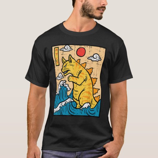 Cat Catzilla Grappig Japans Wave Art Mannen Vrouwe T-shirt (Voorkant)