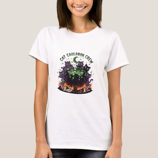 Cat Cauldron Crew - Schattigee Halloween Katten Vr T-shirt (Voorkant)