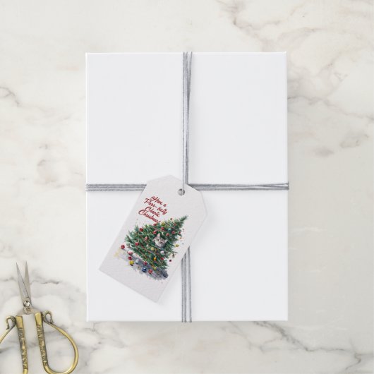 Cat Chaos kerstboom ontwerp Waterverf Cadeaulabel (Met Touw)