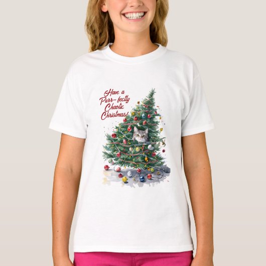 Cat Chaos kerstboom ontwerp Waterverf T-shirt (Voorkant)