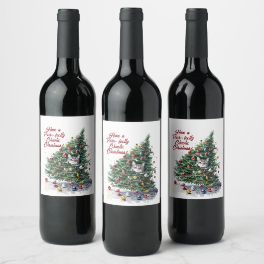 Cat Chaos kerstboom ontwerp Waterverf Wijn Etiket (Flessen)