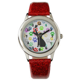 Cat Chasing a vlinder on Cute Paw Pattern Horloge