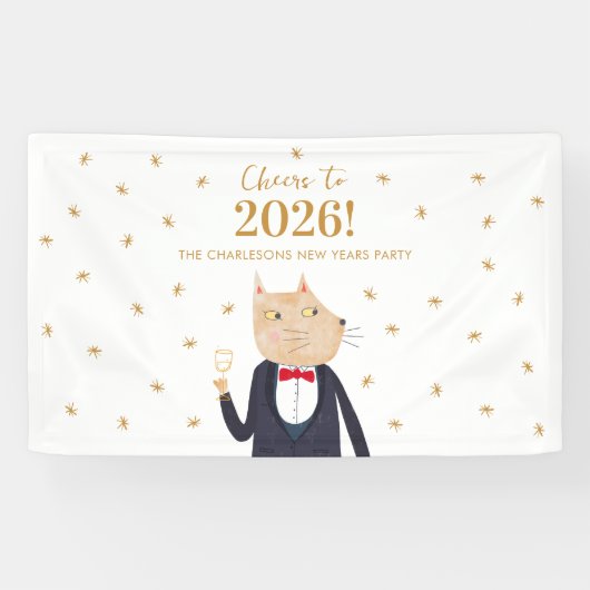 Cat Cheers to 2026 New Year Personalized Party Spandoek (Horizontaal)