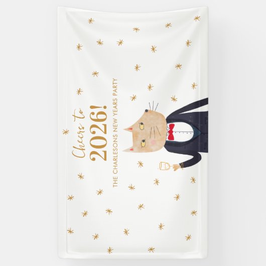 Cat Cheers to 2026 New Year Personalized Party Spandoek (Verticaal)