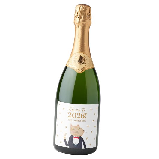 Cat Cheers to 2026 New Year Personalized Sparkling Wijnetiket