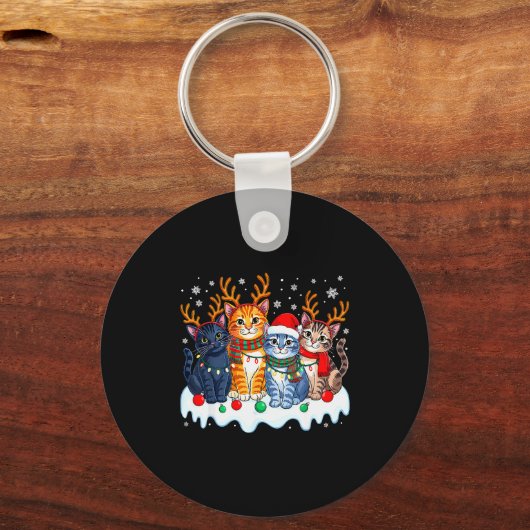 Cat Christmas Light Reindeer Santa Christmas Funny Sleutelhanger (Voorkant)