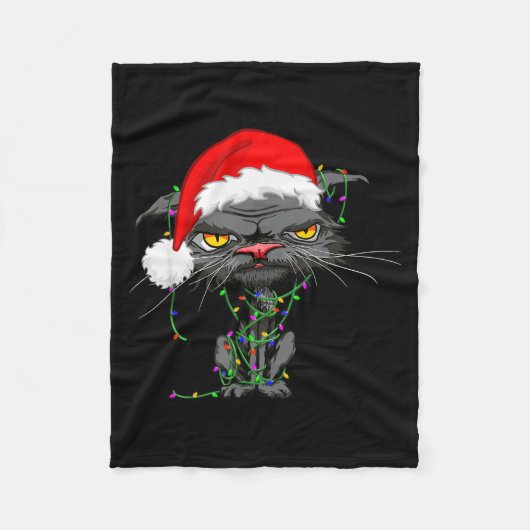 Cat Christmas Lights Bored Cat Santa Hat Funny Cat Fleece Deken (Voorkant)