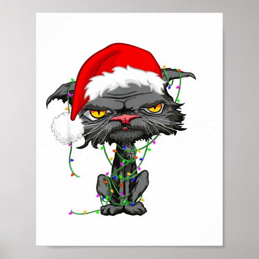 Cat Christmas Lights Bored Cat Santa Hat Funny Cat Poster (Voorkant)