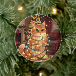 Cat & Christmas Lights – Playful Cat  Keramisch Ornament