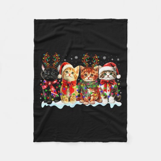 Cat Christmas Lights Reindeer Santa Cat Lover Xmas Fleece Deken (Voorkant)
