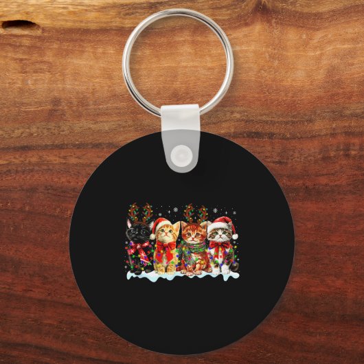 Cat Christmas Lights Reindeer Santa Cat Lover Xmas Sleutelhanger (Voorkant)