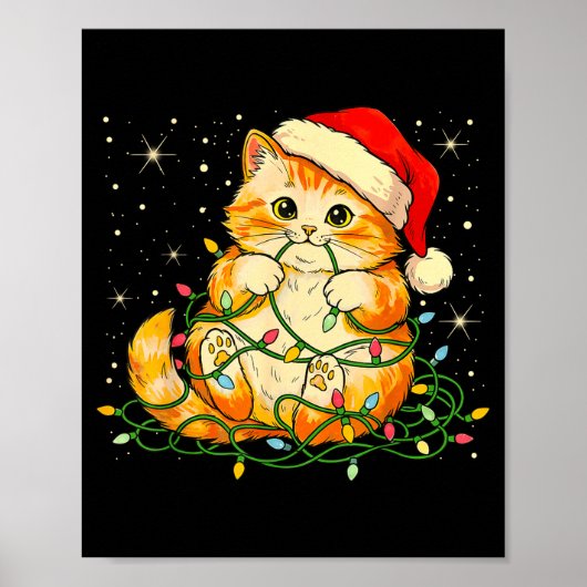 Cat Christmas Lights Santa Hat Xmas Cats Lover Pet Poster (Voorkant)
