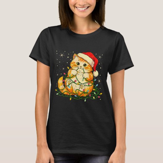 Cat Christmas Lights Santa Hat Xmas Cats Lover Pet T-shirt (Voorkant)