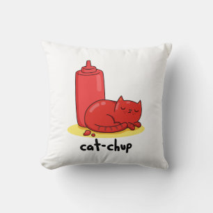 Cat-chup Cute Red Ketchup Cat Pun Kussen