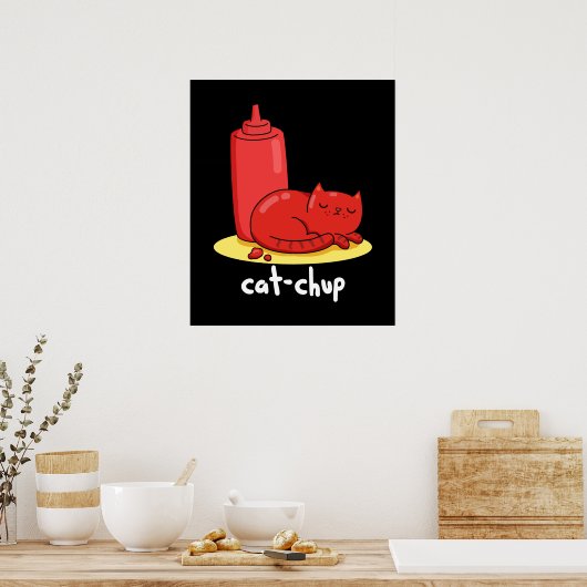 Cat-chup Funny Red Ketchup Cat Pun Dark BG Poster (Keuken)