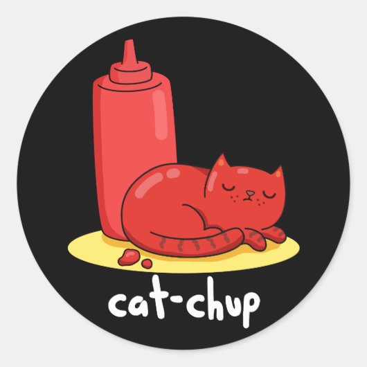 Cat-chup Funny Red Ketchup Cat Pun Dark BG Ronde Sticker (Voorkant)