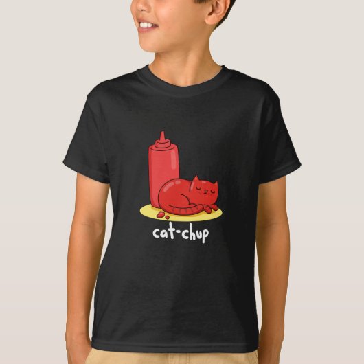Cat-chup Funny Red Ketchup Cat Pun Dark BG T-shirt (Voorkant)
