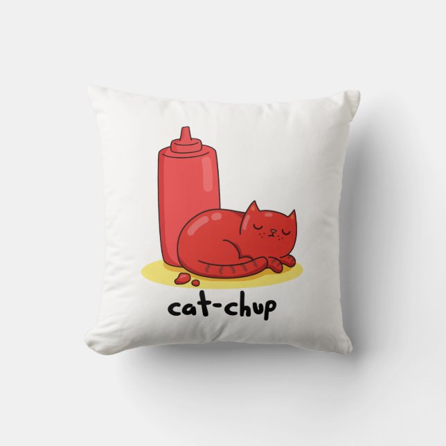 Cat-chup Funny Red Ketchup Cat Pun Kussen (Voorkant)