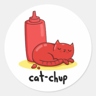 Cat-chup Funny Red Ketchup Cat Pun Ronde Sticker