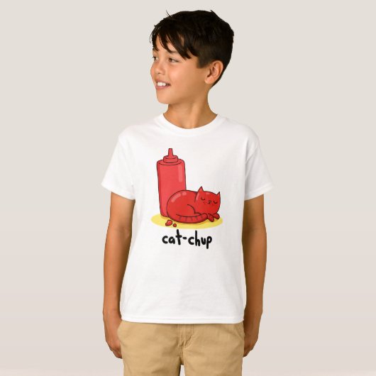 Cat-chup Funny Red Ketchup Cat Pun T-shirt (Voorkant volledig)