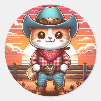 Cat Cowboy Sunset Ronde Sticker