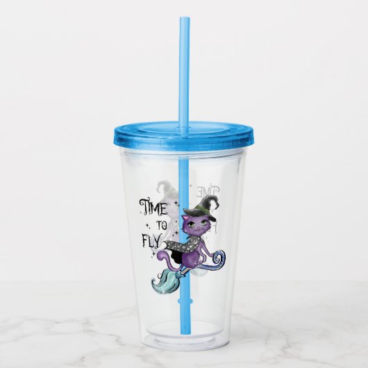 Cat Cute Flying Witch Cat | Vliegtijd Acryl Drinkbeker (Voorkant)
