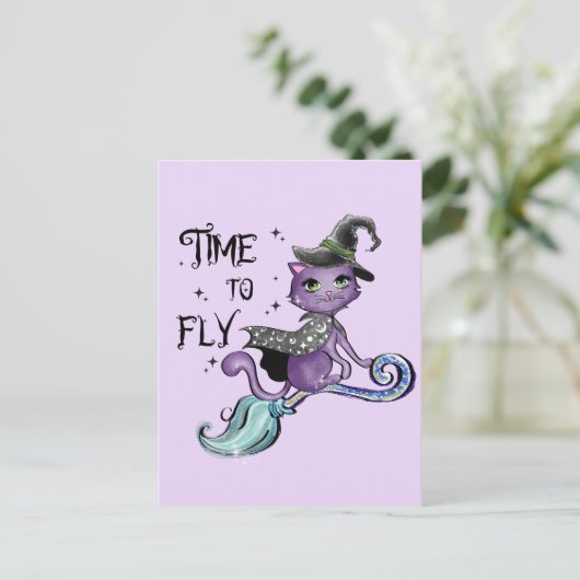 Cat Cute Flying Witch Cat | Vliegtijd Briefkaart (Staand voorkant)