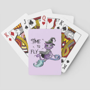 Cat Cute Flying Witch Cat Vliegtijd Pokerkaarten