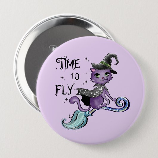 Cat Cute Flying Witch Cat | Vliegtijd Ronde Button 4,0 Cm (Voorkant /achterkant)