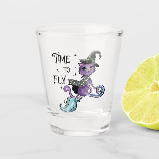Cat Cute Flying Witch Cat | Vliegtijd Shot Glas (Voorkant)