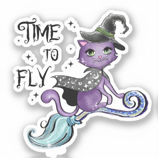 Cat Cute Flying Witch Cat | Vliegtijd Sticker (Voorkant)