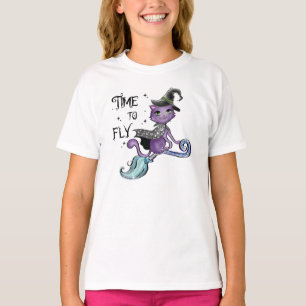 Cat Cute Flying Witch Cat Vliegtijd T-shirt