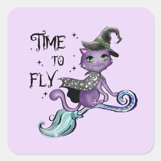 Cat Cute Flying Witch Cat | Vliegtijd Vierkante Sticker (Voorkant)