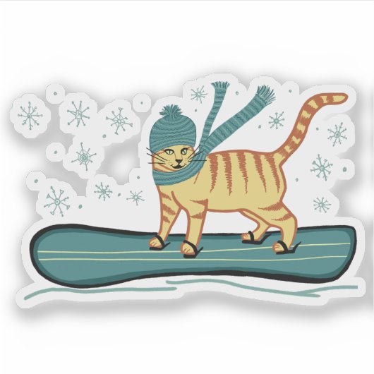 Cat Cute Snowboarding Tabby Cat Sticker (Voorkant)