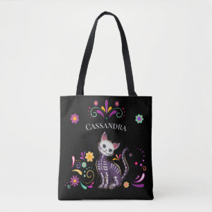 Cat Cute Spooky Cat met kleurrijke bloemen Tote Bag