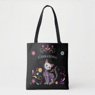 Cat Cute Spooky Cat met kleurrijke bloemen Tote Bag