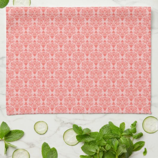 Cat Damask Coral en Blush Keuken Handdoek (Gevouwen)