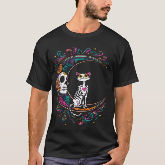 Cat Dia de los Muertos Sugar Skull Halloween Costu T-shirt (Voorkant)