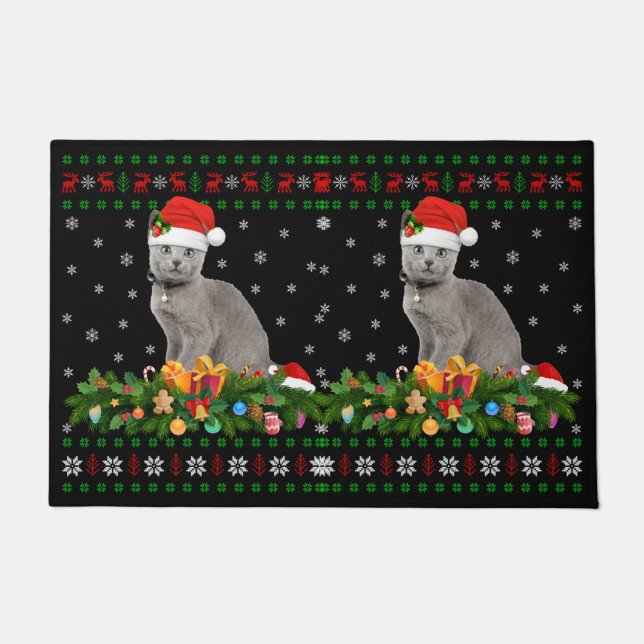 Cat Dierenvriend Santa Hat Oegaal Russisch Blauwe  Deurmat (Voorkant)