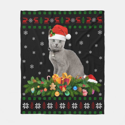 Cat Dierenvriend Santa Hat Oegaal Russisch Blauwe  Fleece Deken (Voorkant)