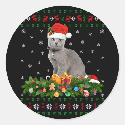Cat Dierenvriend Santa Hat Oegaal Russisch Blauwe  Ronde Sticker (Voorkant)