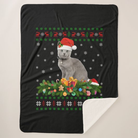 Cat Dierenvriend Santa Hat Oegaal Russisch Blauwe Sherpa Deken (Voorkant)