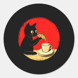 Cat Dipping Croissant in Koffie Schattige Zwart Ca Ronde Sticker