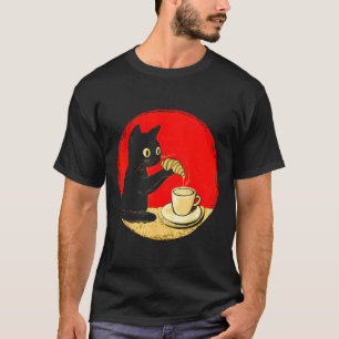 Cat Dipping Croissant in Koffie Schattige Zwart Ca T-shirt