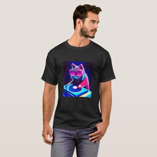 Cat DJ Vaporwave Aesthetische Mannen jongens meisj T-shirt (Voorkant volledig)