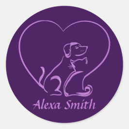 Cat, Dog and Love Line Art with Custom Name Ronde Sticker