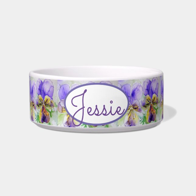 Cat Dog Floral Pastel Viola Paars Dog Pet Name Voerbakje (Voorkant)