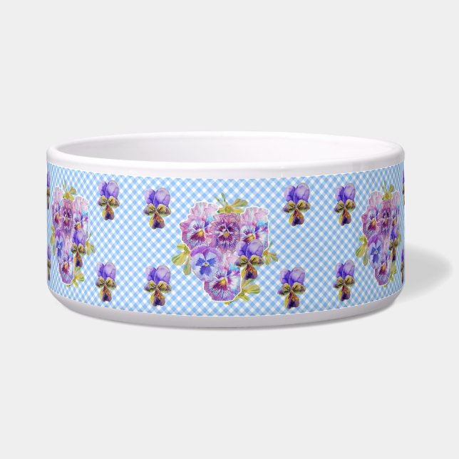 Cat Dog Shabby Floral Blue gingham Schattige Huisd Voerbakje (Voorkant)