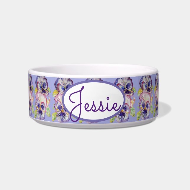 Cat Dog Shabby Floral Pansy Pansies Pet Name Bowl Voerbakje (Voorkant)